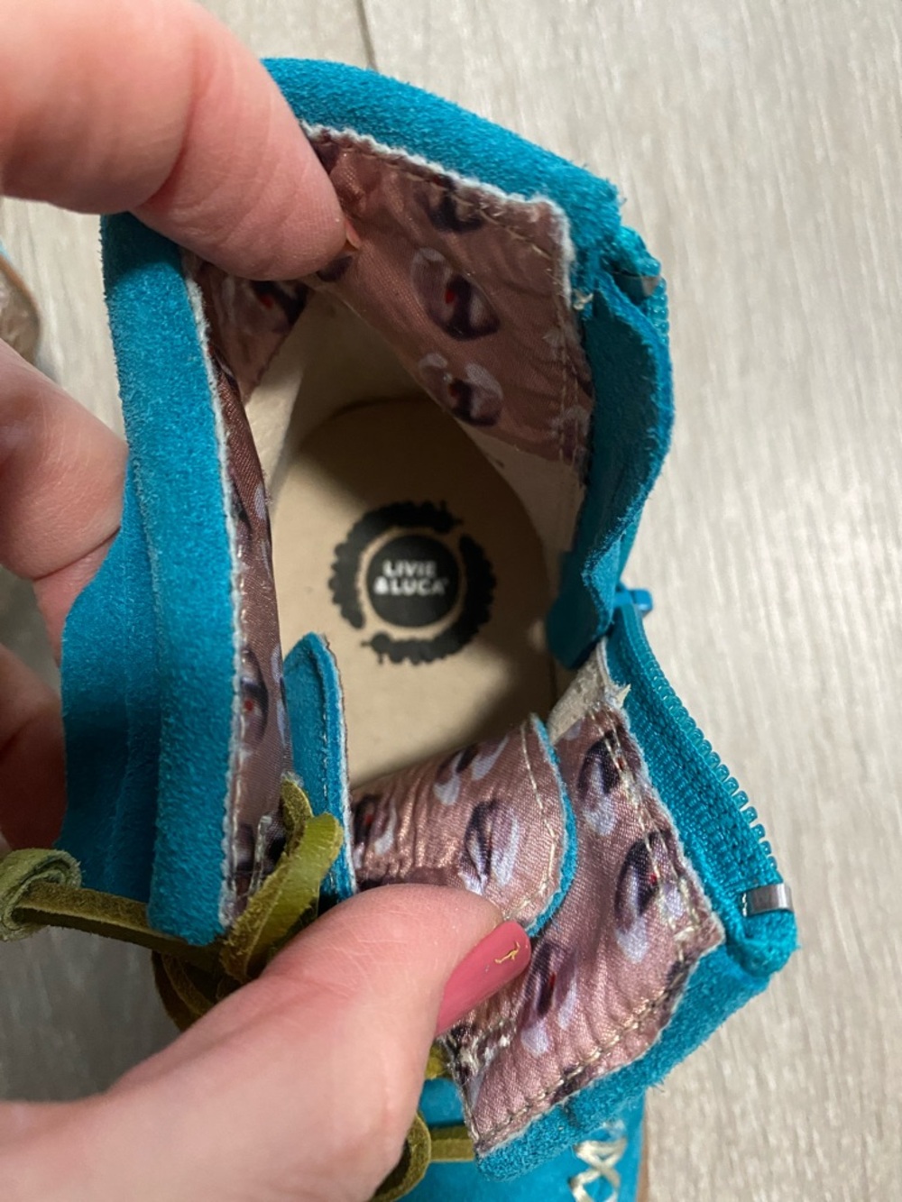 Livie & Luca Teal Suede Moccasins with Olive Laces Blue Leather Boots Girls Sz 8 - Picture 7 of 9